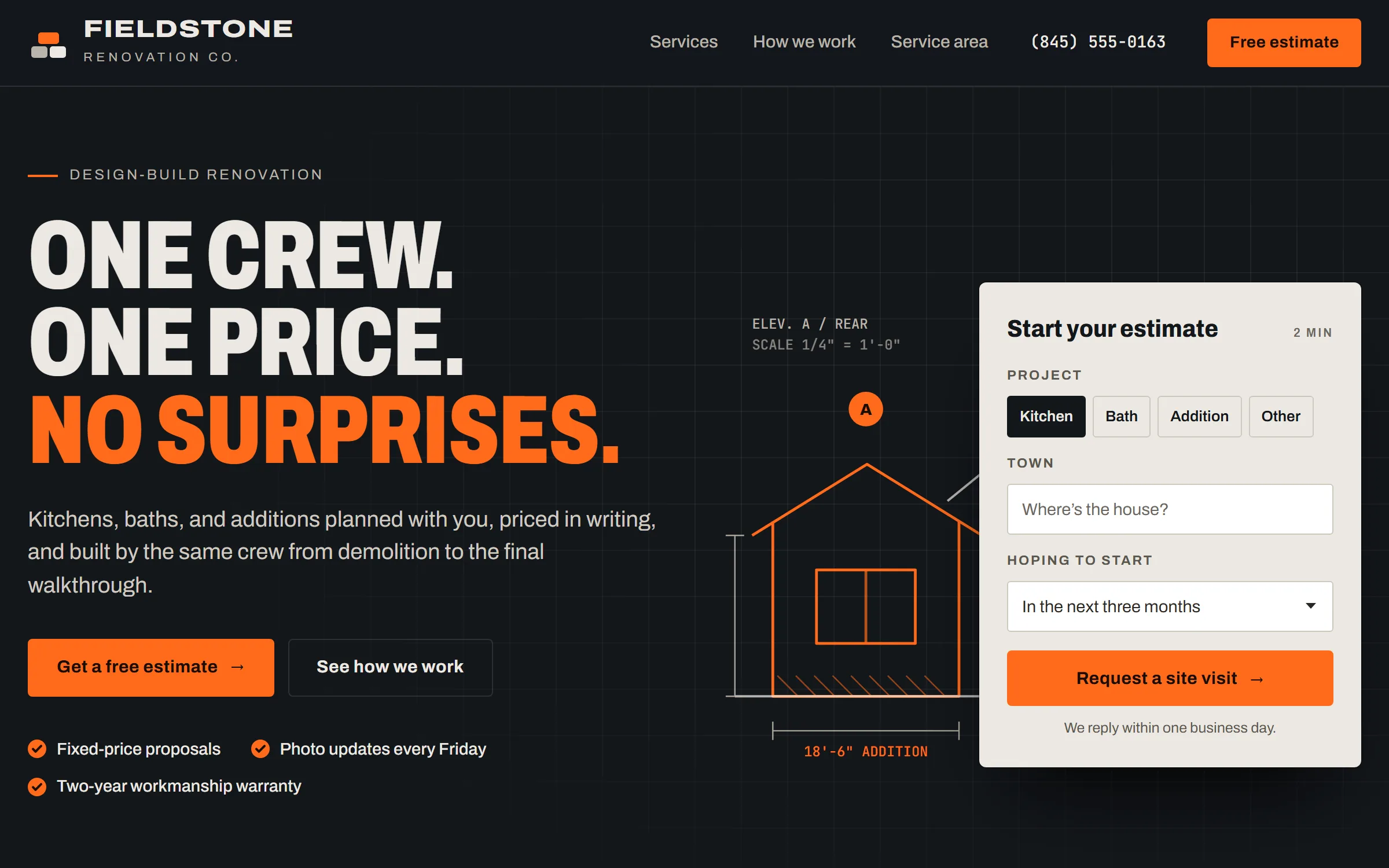 Sample site for Fieldstone Renovation Co., a fictional contractor, headed One crew. One price. No surprises.