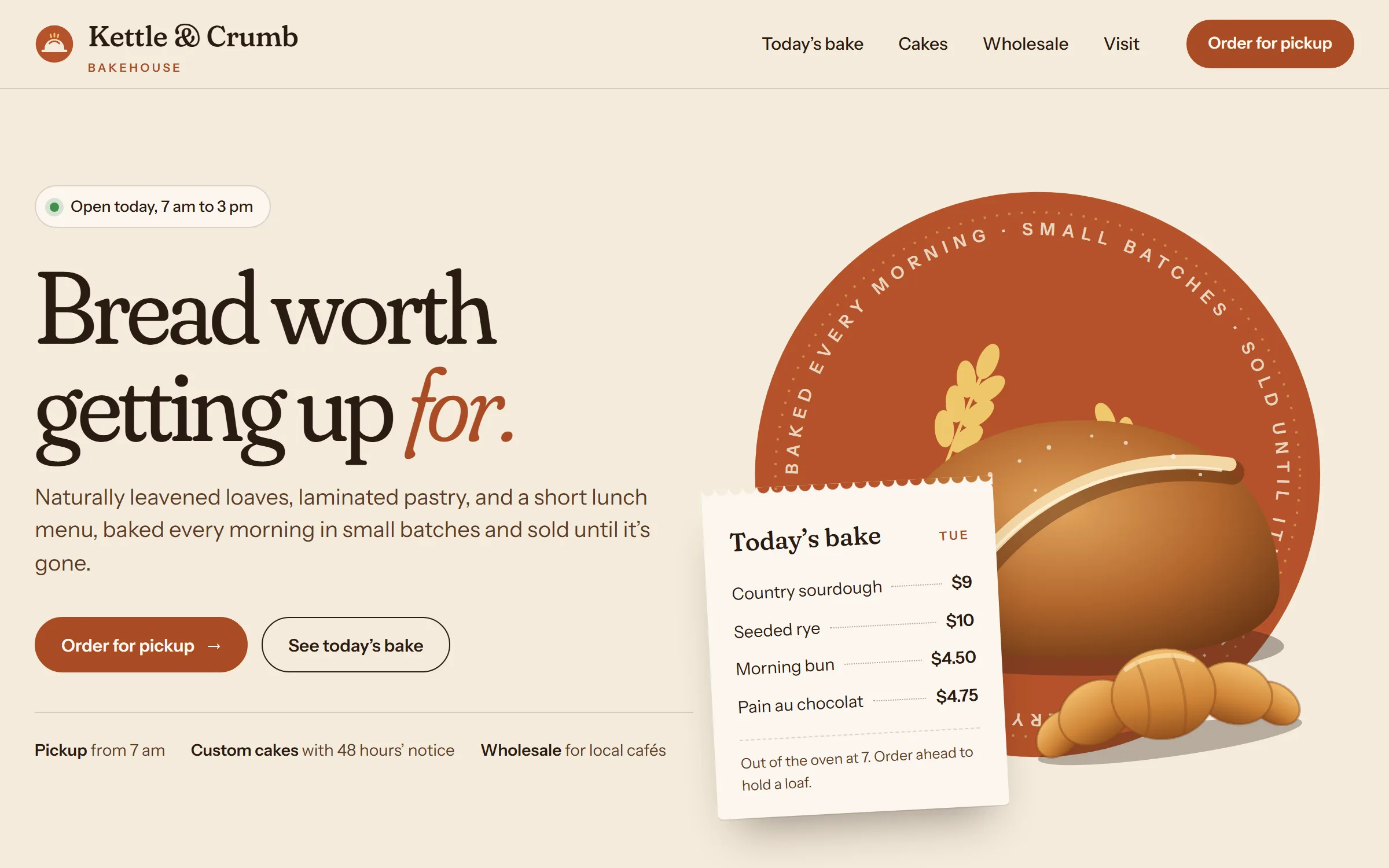 Sample site for Kettle & Crumb, a fictional bakery, headed Bread worth getting up for.