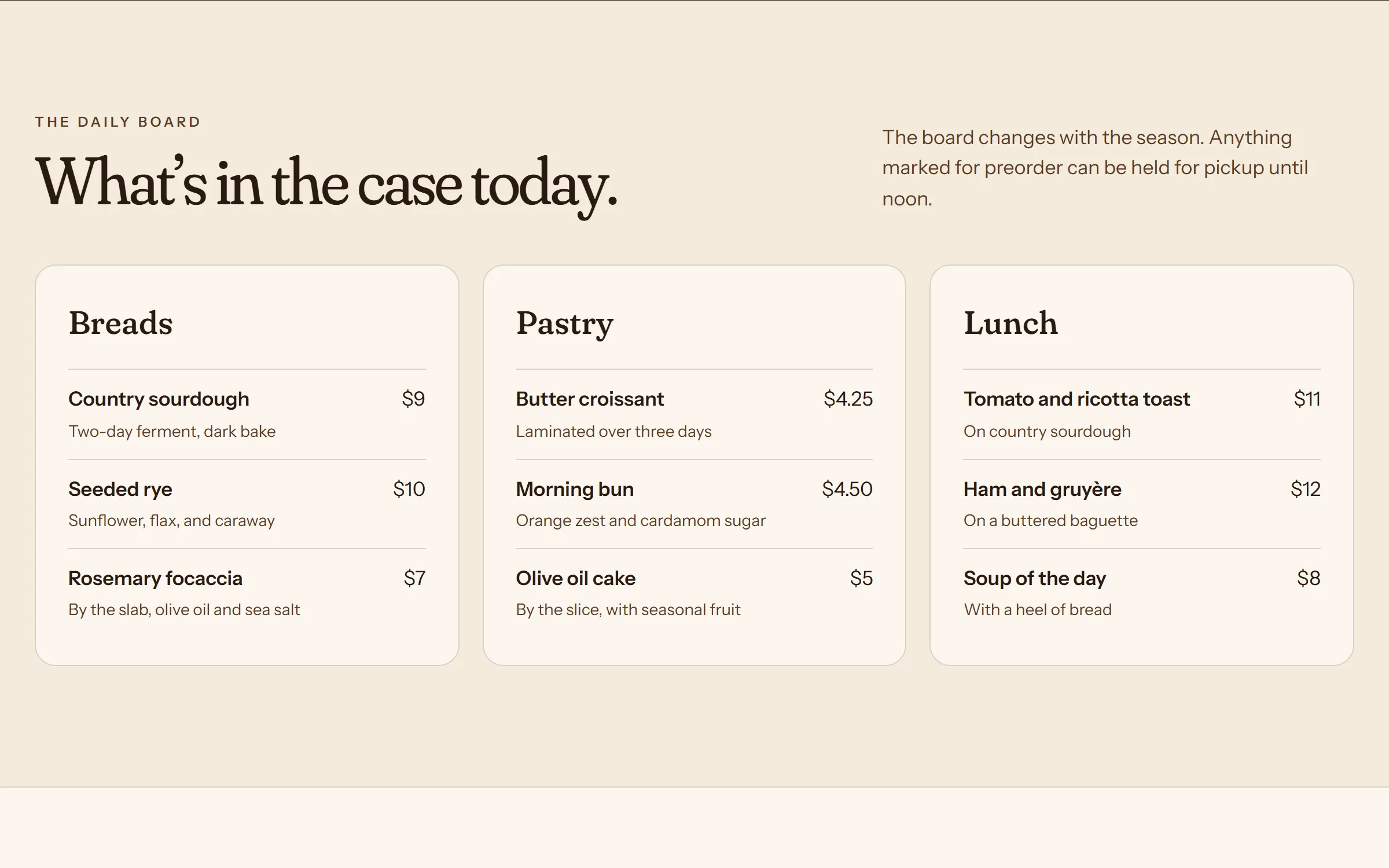 Kettle & Crumb sample: the daily board of breads, pastry, and lunch