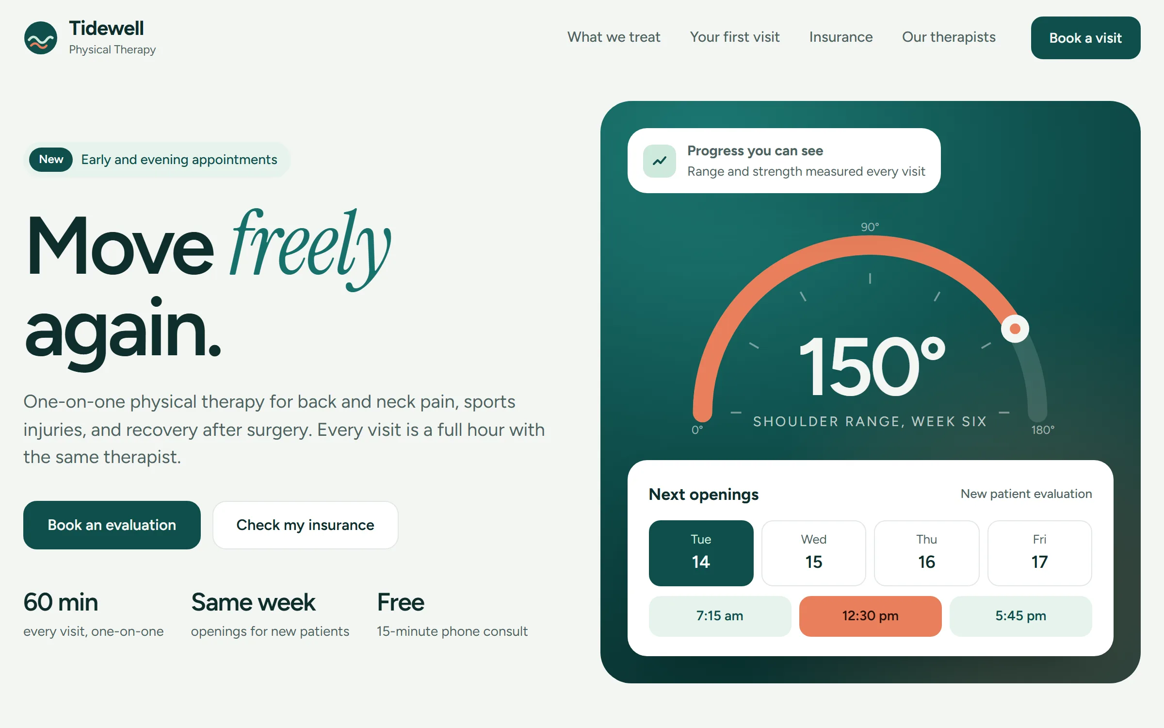 Sample site for Tidewell Physical Therapy, a fictional clinic, headed Move freely again.