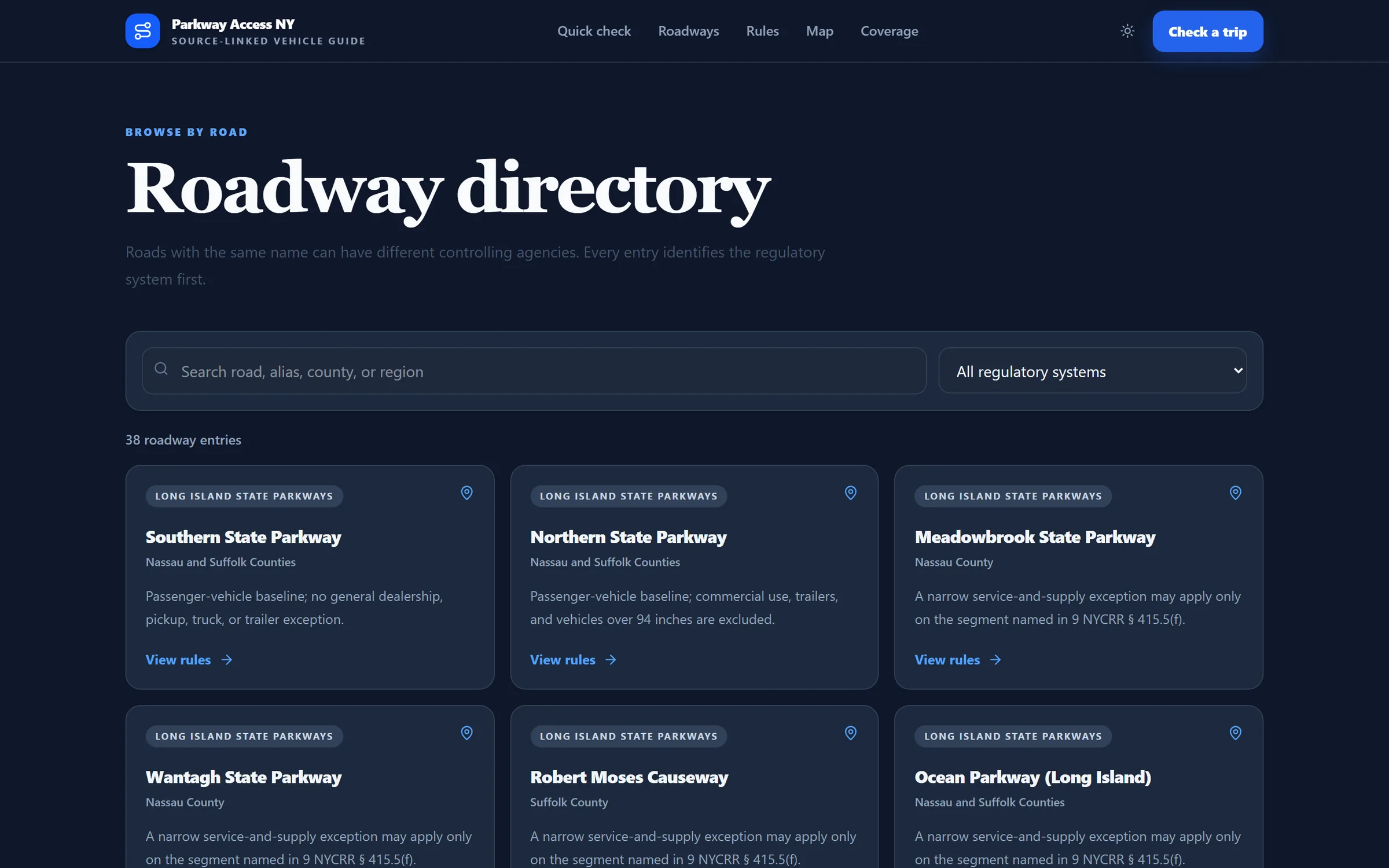 Roadway directory with search and regime filters